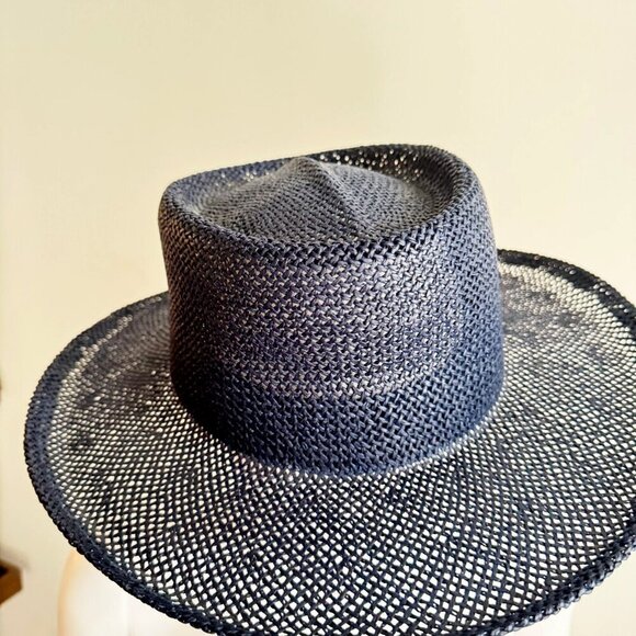 Vintage KP Navy Blue Straw Wide Brim Fedora Hat L - Picture 4 of 8